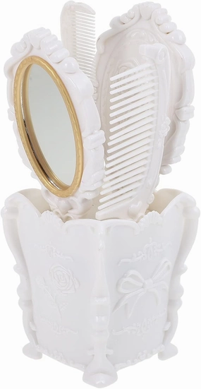 Lurrose Vintage Brush and Mirror Set - 5pcs Vanity Hair Brush Set, Vanity Makeup Mirror with Storage Pot