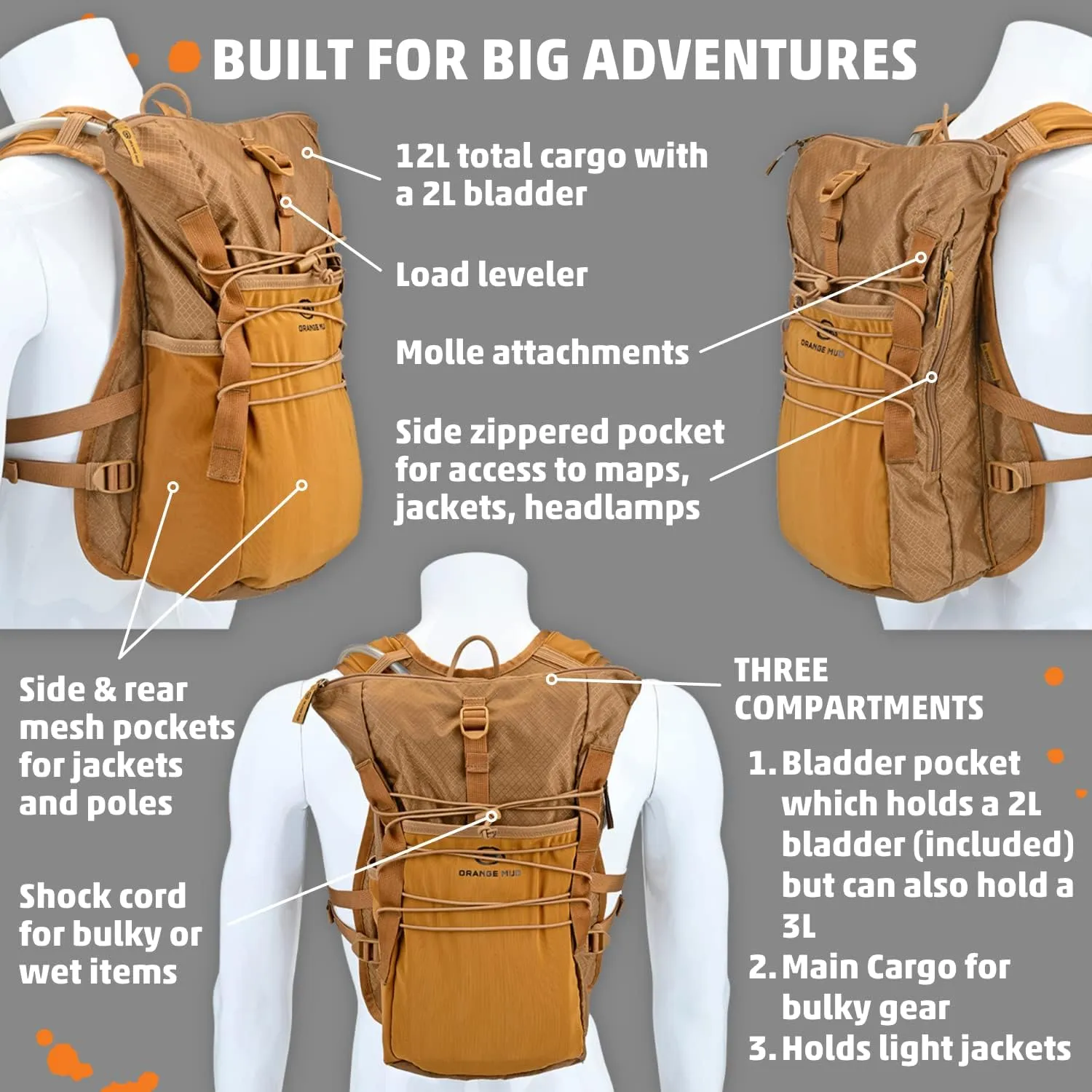 M Orange Mud Adventure Pack 12L, Coyote Brown 3.0