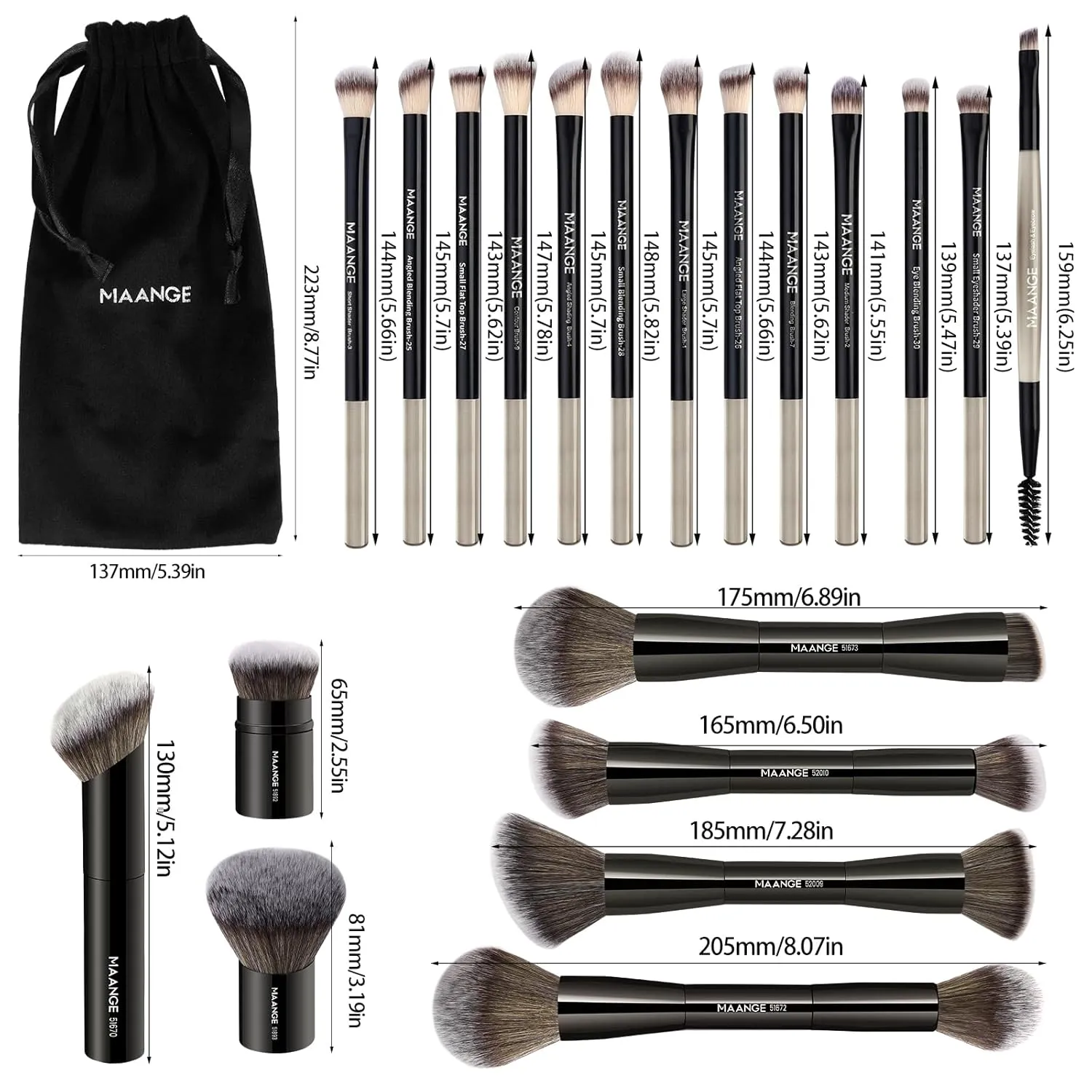 MAANGE 20 PCS Foundation Makeup Brush Set, Double-ended Kabuki Contour Brush for Liquid Powder Concealer Blending Blush Face Makeup Tools (Black)