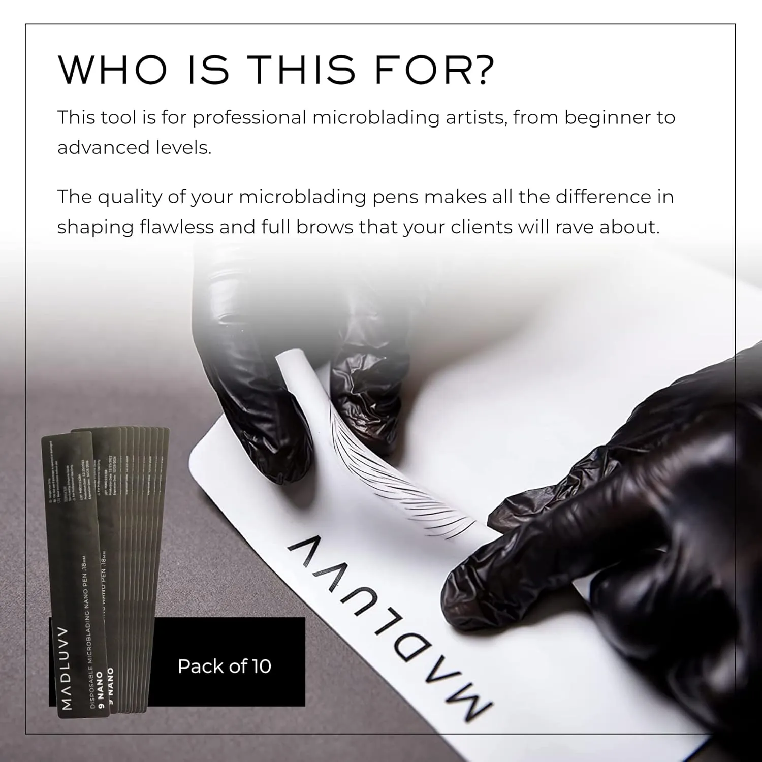 MADLUVV Nano 9 Professional Brow Artistry Pens for Flawless Eyebrows, Premium Pens for Pigment Ink, 18mm Sterile Disposable Micro Brow Sharp – 10 Pack