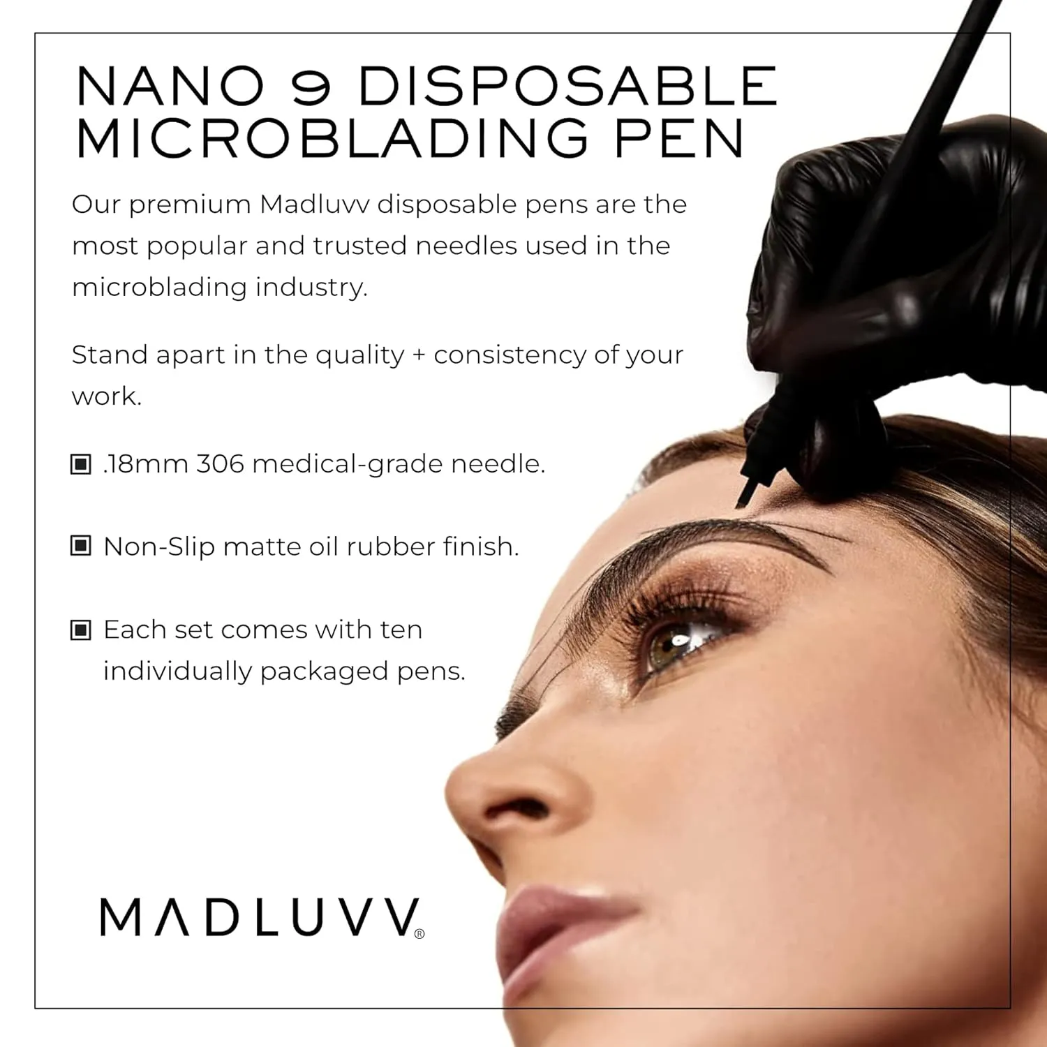 MADLUVV Nano 9 Professional Brow Artistry Pens for Flawless Eyebrows, Premium Pens for Pigment Ink, 18mm Sterile Disposable Micro Brow Sharp – 10 Pack