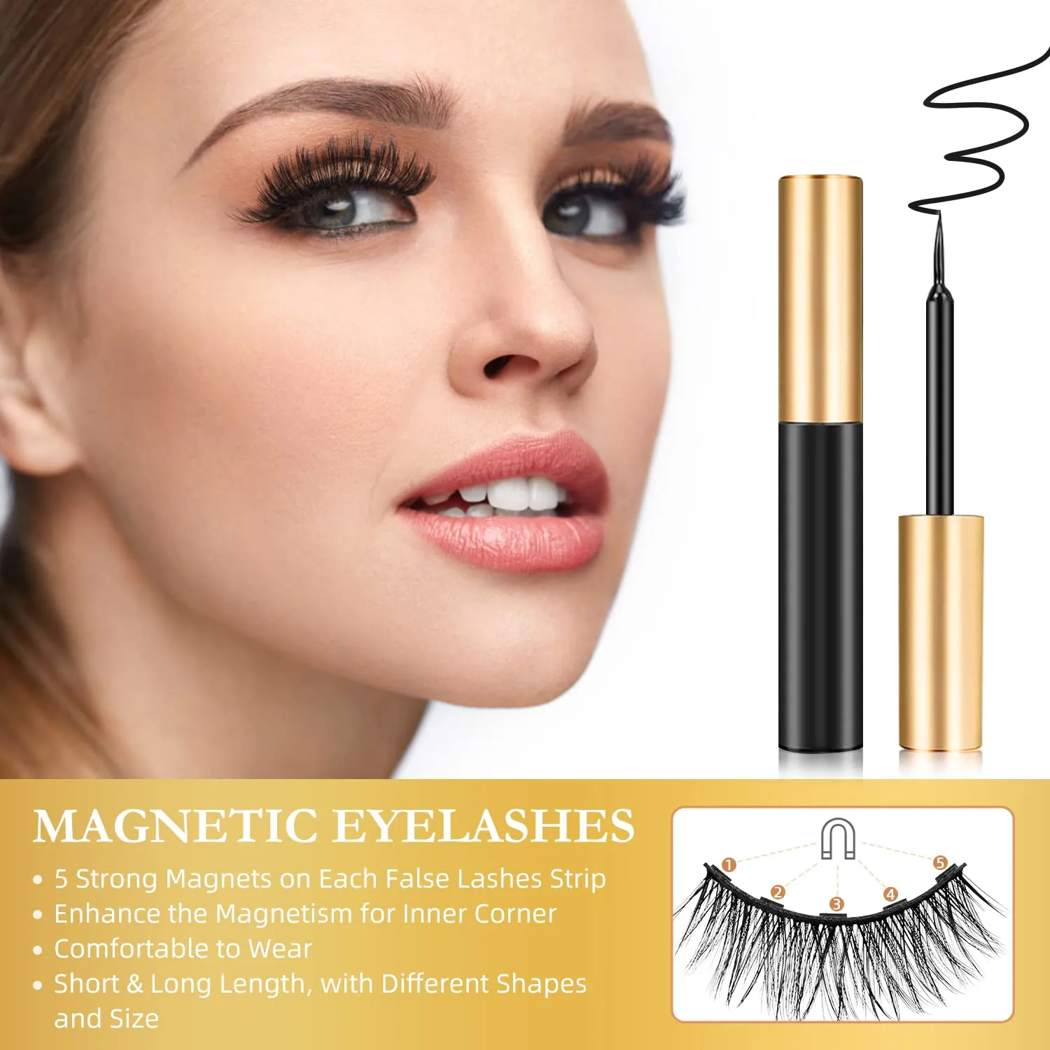 Magnetic Eyelashes, 14 Pairs False Lashes with 3 Tubes of Magnetic Eyeliner, Magnetic Lashes, Natural Look Kit with Tweezers, Reusable, No Glue