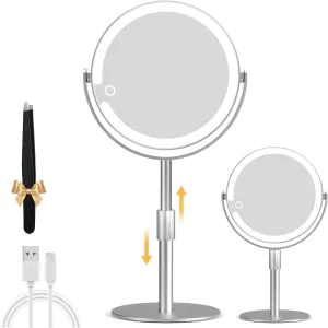 Magnifying Mirror with Light 20X, Height-Adjustable Lighted Makeup Mirror with Magnification, Double - Sided Aluminum Alloy LED Mirror, 3 Lighting Modes Ideal for Desk Bathroom Makeup, Silver