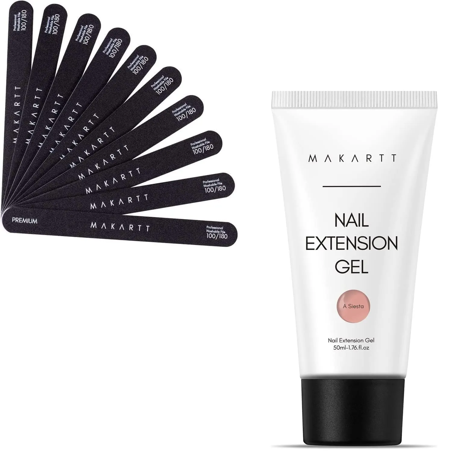 Makartt Nail File 100 180 Grit Emery Boards for Nails Bundle with Poly Nail Gel, 50ML Nude Nature Nail Extension Gel A Siesta All Season Gel Color