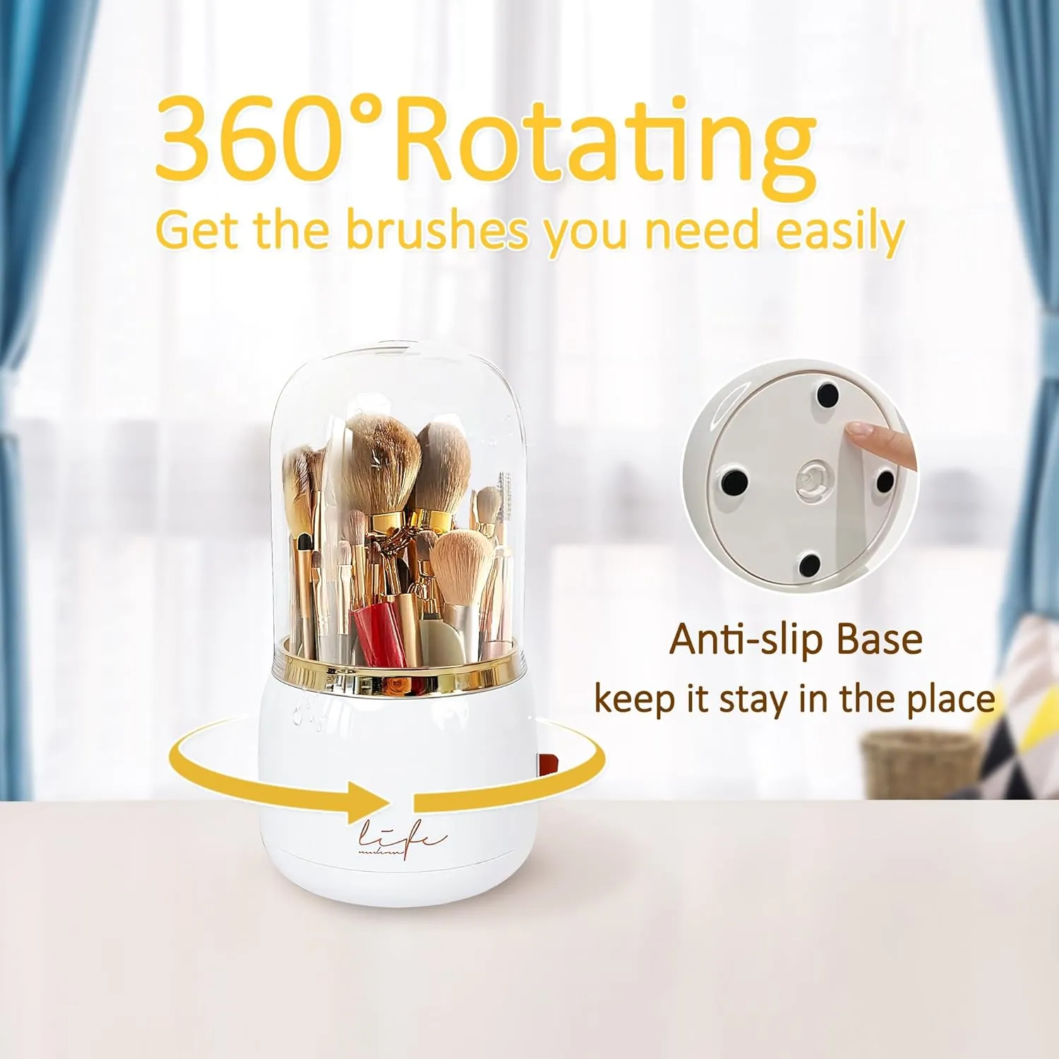 Makeup Brush Holder with Lid, 360 Rotating Makeup Organizer, Cosmetic Tools Storage for Vanity Countertop Dresser Bedroom (White)
