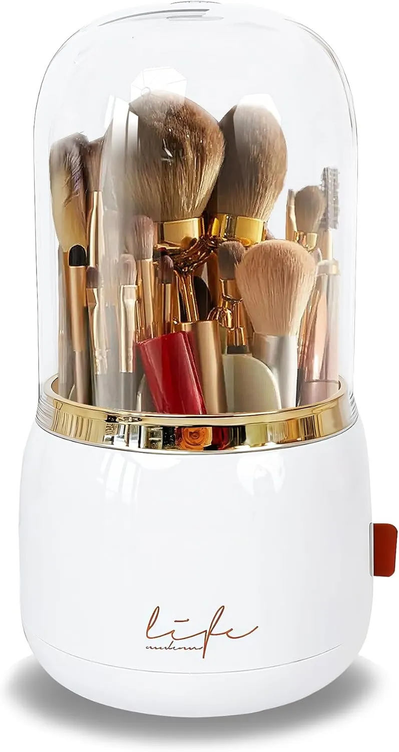 Makeup Brush Holder with Lid, 360 Rotating Makeup Organizer, Cosmetic Tools Storage for Vanity Countertop Dresser Bedroom (White)