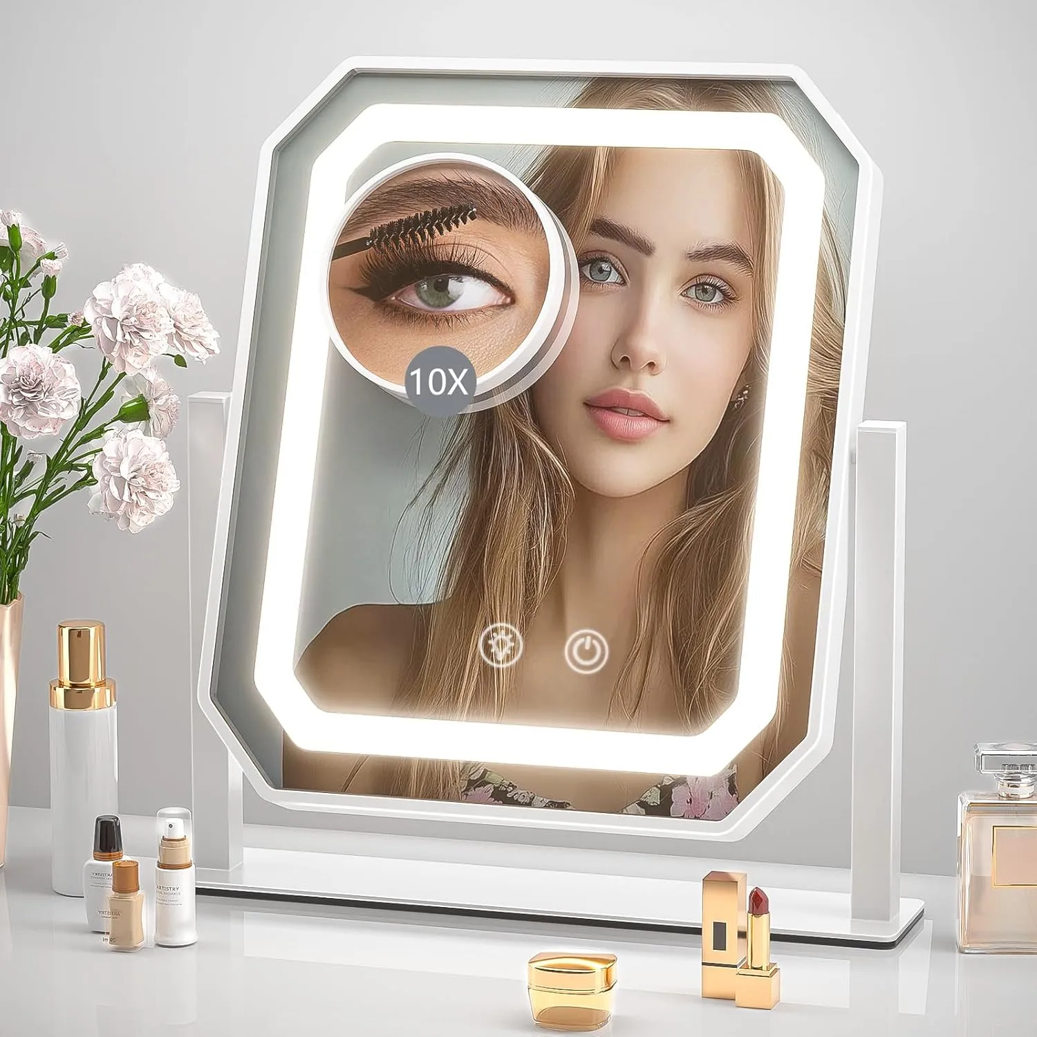 Makeup Mirror with Lights, 12"x10" Hollywood Vanity Mirror with Lights, Brightness Adjustable, 3 Colors, 360° Rotation, Smart Touch Control, Detachable 10X Magnification for Home/Travel/Gift