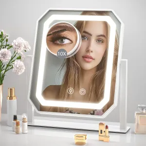 Makeup Mirror with Lights, 12"x10" Hollywood Vanity Mirror with Lights, Brightness Adjustable, 3 Colors, 360° Rotation, Smart Touch Control, Detachable 10X Magnification for Home/Travel/Gift