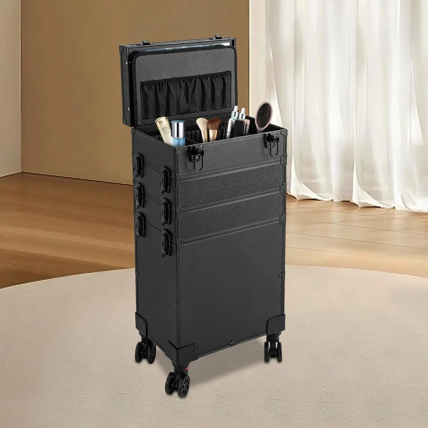 Makeup Train Case, 4 in 1 Rolling Makeup Train Case 5 Tiers Aluminum Makeup Train Case with Mirror of 3 Color LED Lighted, Rolling Cosmetic Trolley Travel Organizer with 360° Swivel Wheels (Black)