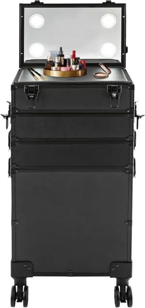 Makeup Train Case, 4 in 1 Rolling Makeup Train Case 5 Tiers Aluminum Makeup Train Case with Mirror of 3 Color LED Lighted, Rolling Cosmetic Trolley Travel Organizer with 360° Swivel Wheels (Black)