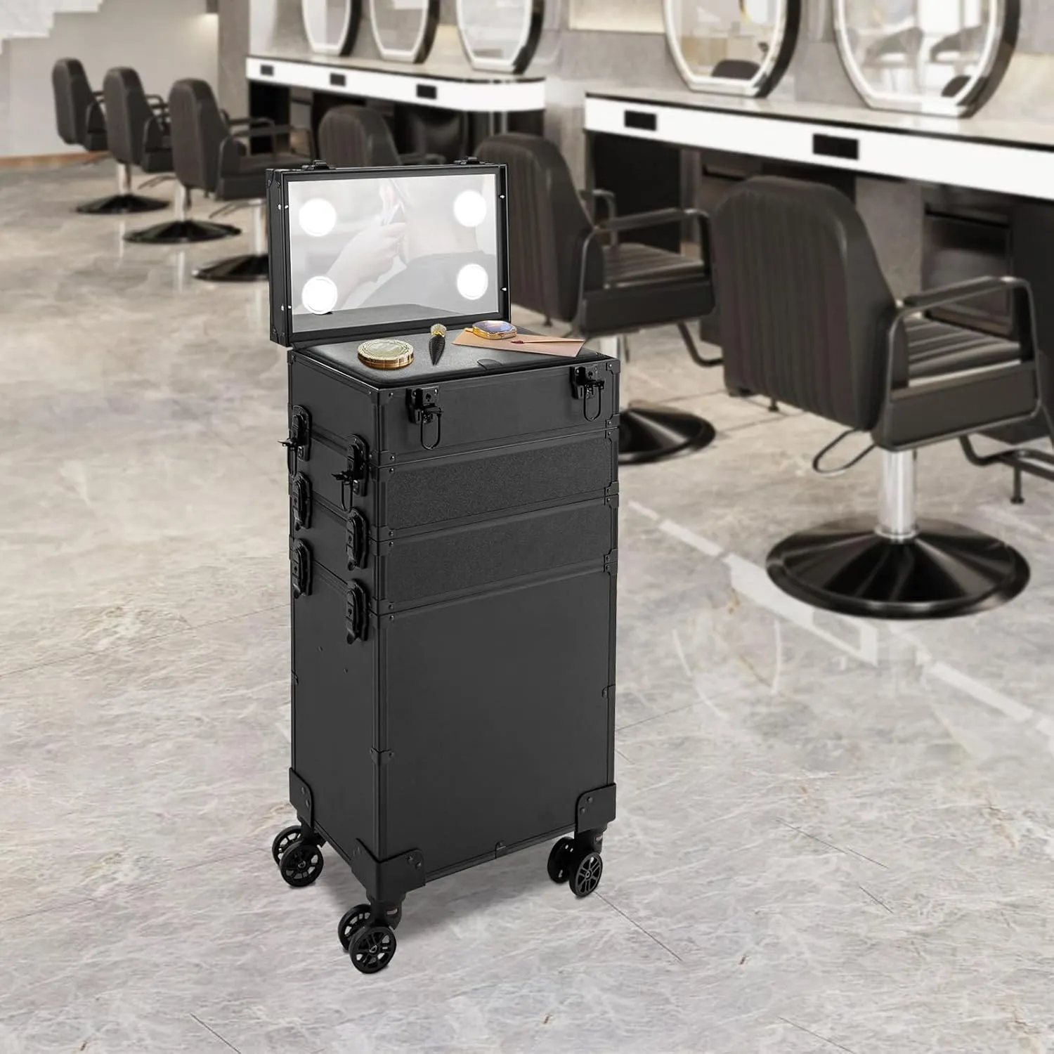 Makeup Train Case, 4 in 1 Rolling Makeup Train Case 5 Tiers Aluminum Makeup Train Case with Mirror of 3 Color LED Lighted, Rolling Cosmetic Trolley Travel Organizer with 360° Swivel Wheels (Black)