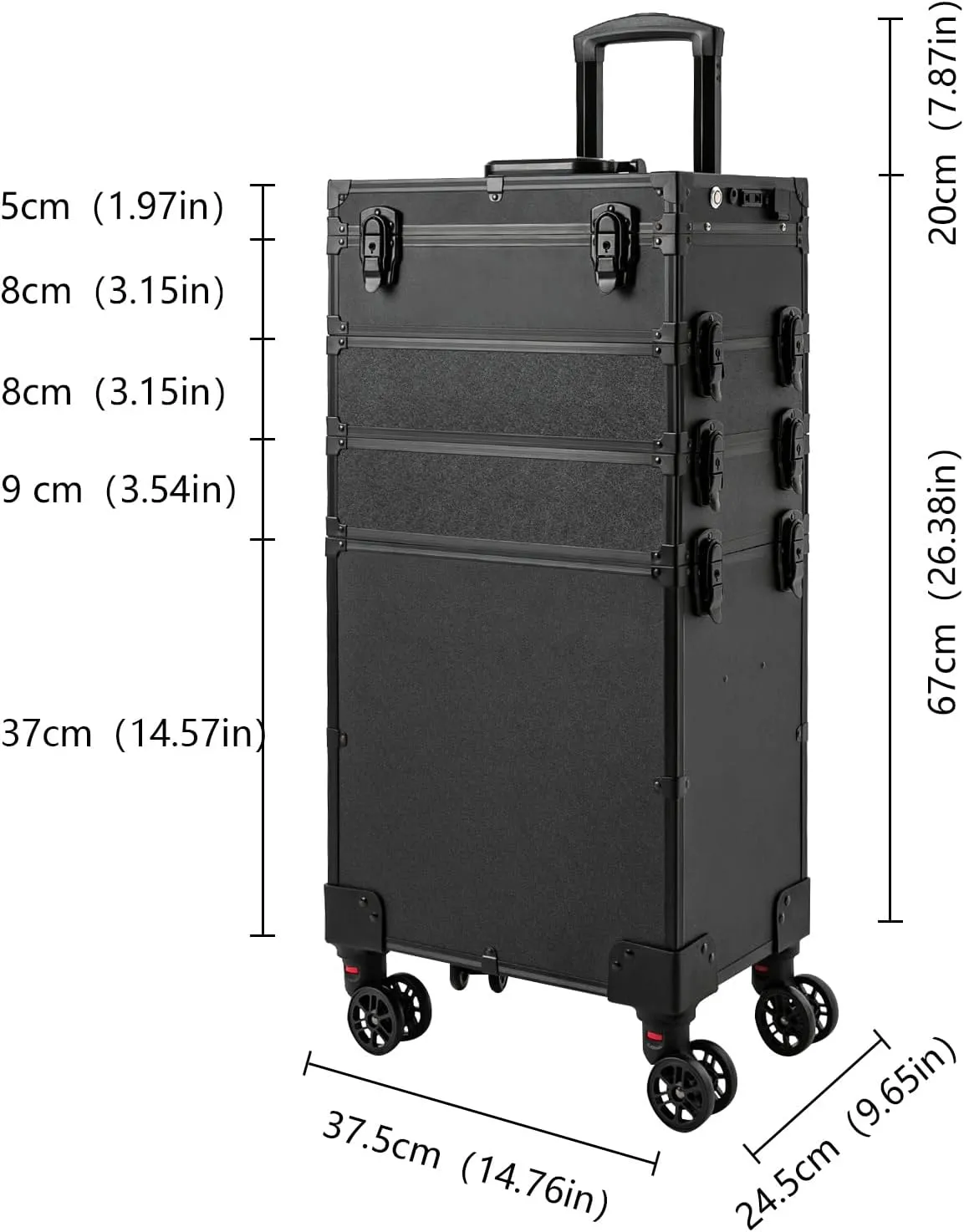 Makeup Train Case, 4 in 1 Rolling Makeup Train Case 5 Tiers Aluminum Makeup Train Case with Mirror of 3 Color LED Lighted, Rolling Cosmetic Trolley Travel Organizer with 360° Swivel Wheels (Black)