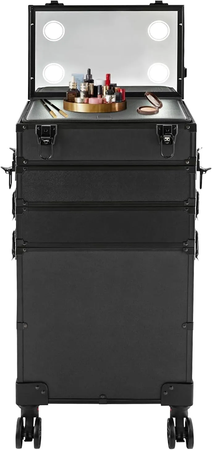 Makeup Train Case, 4 in 1 Rolling Makeup Train Case 5 Tiers Aluminum Makeup Train Case with Mirror of 3 Color LED Lighted, Rolling Cosmetic Trolley Travel Organizer with 360° Swivel Wheels (Black)