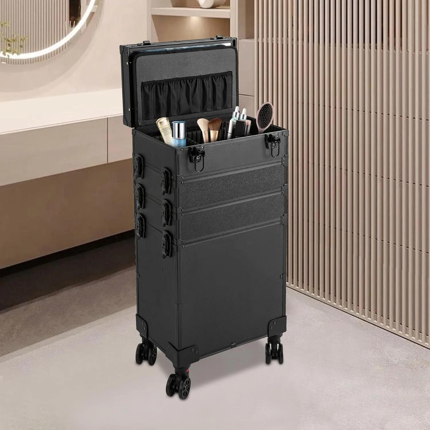 Makeup Train Case, 4 in 1 Rolling Makeup Train Case 5 Tiers Aluminum Makeup Train Case with Mirror of 3 Color LED Lighted, Rolling Cosmetic Trolley Travel Organizer with 360° Swivel Wheels (Black)