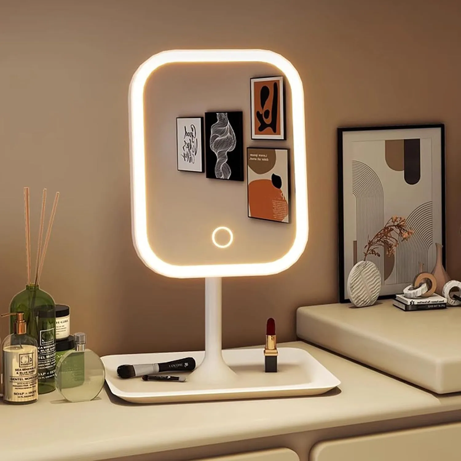 Makeup Vanity Mirror with Lights, LED Makeup Mirror with 3 Color Modes, Tabletop Vanity Lighted Mirror, 270 Rotation, 10.2"L x 7.1"W