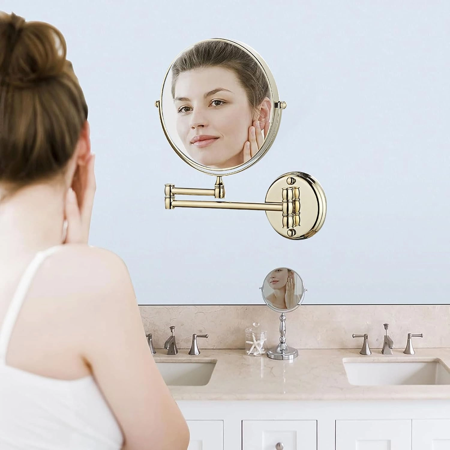 Makeup Mirror Magnification Wall Mounted, Cosmetic Mirror with Extend and Fold, Wall Mount Vanity Mirror with 360° Swivel, Double Sided Wall Mirror for Makeup Bathroom Shaving Mirror