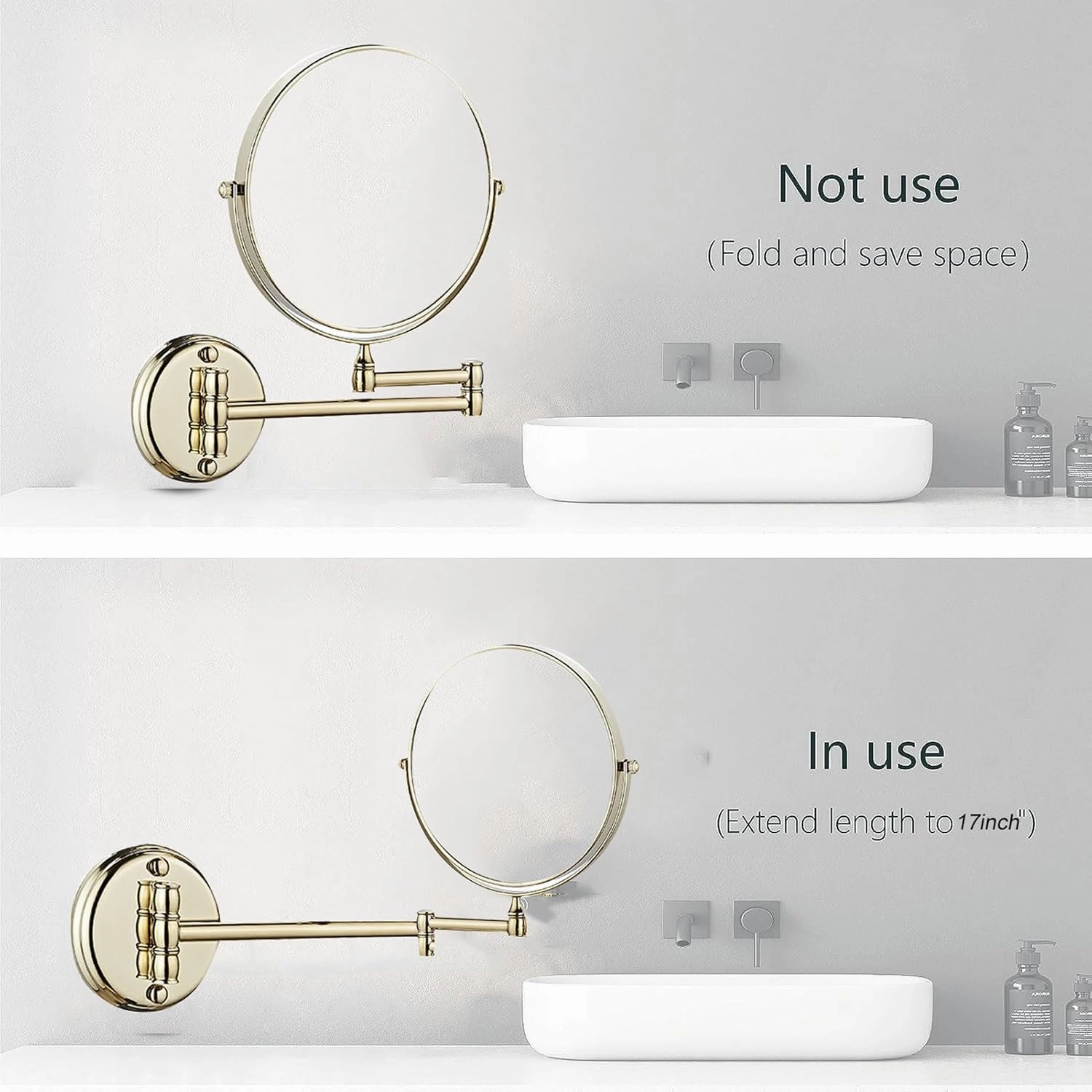 Makeup Mirror Magnification Wall Mounted, Cosmetic Mirror with Extend and Fold, Wall Mount Vanity Mirror with 360° Swivel, Double Sided Wall Mirror for Makeup Bathroom Shaving Mirror