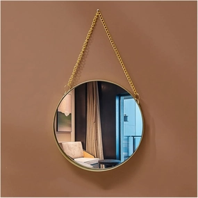 Makeup Mirror Perforation-Free Vanity Mirror Bathroom Dressing Table Mirror Bathroom Dressing Mirror Iron Round Mirror with Chain Hanging Gold Frame Mirror Tabletop Vanity Mirror(Small)