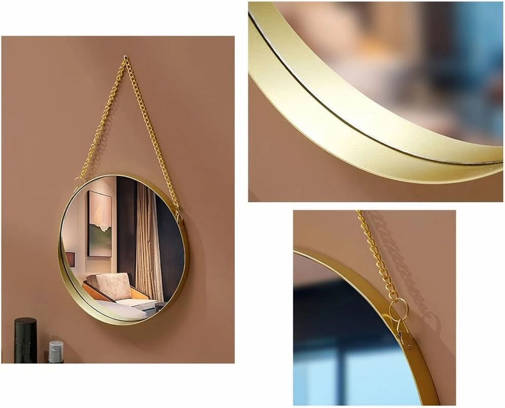 Makeup Mirror Wall-Mounted Mirror Without Punching Bathroom High-Definition Cosmetic Mirror with Chain Metal Round Decorative Mirror Lighted Makeup Mirror(Small)