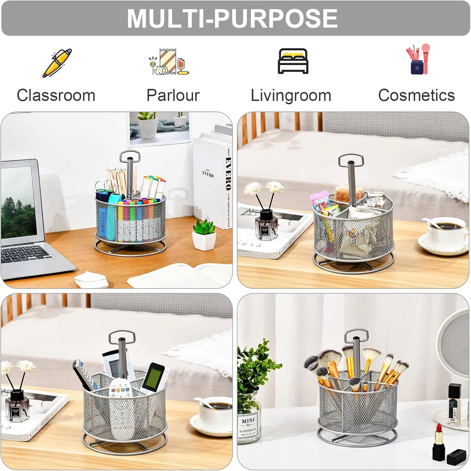 Marbrasse Mesh Desk Organizer, 360-Degree Rotating Multi-Functional Pen Holder, 4 Compartments Desktop Stationary Organizer, Home Office Art Supply Storage Box Caddy (silver)