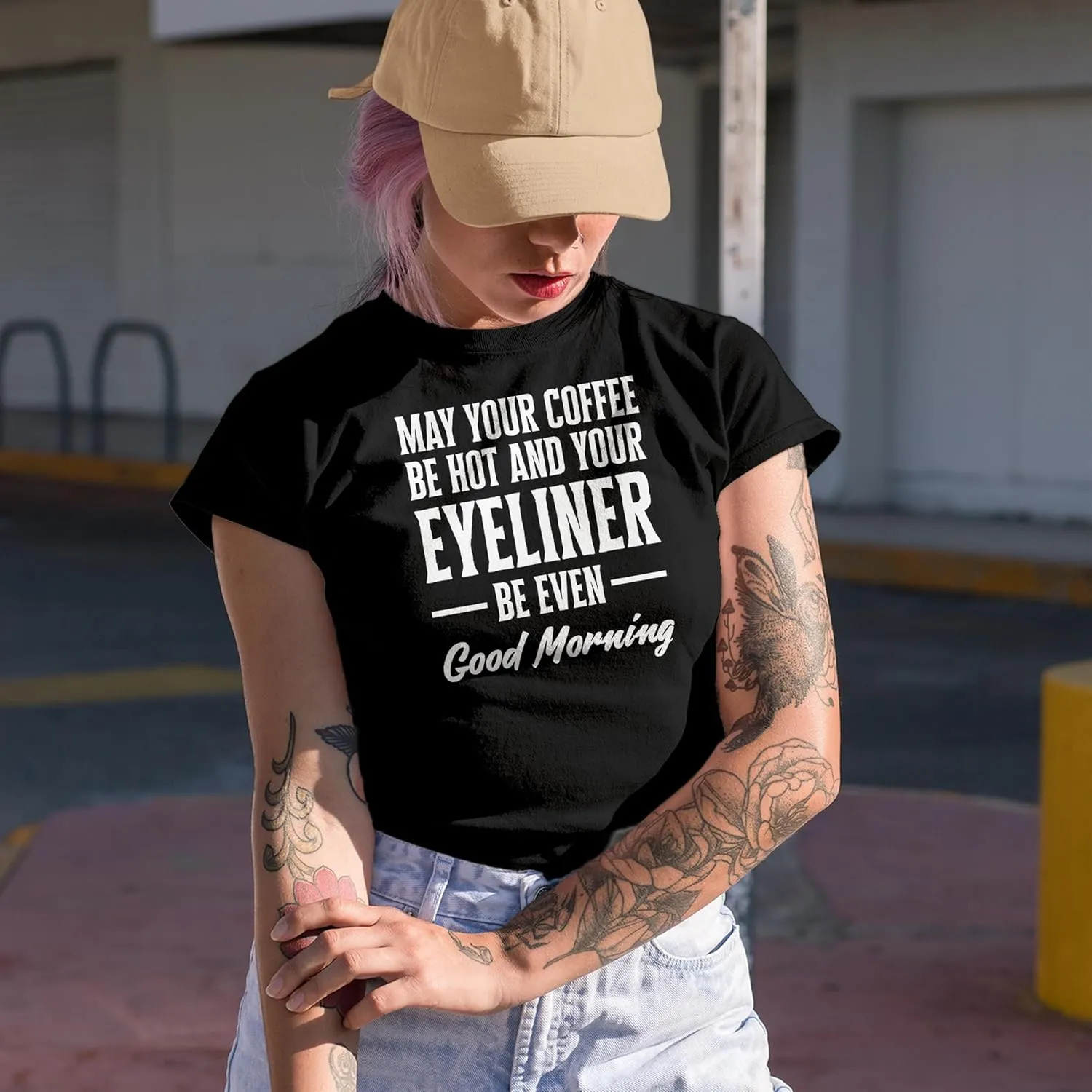 May Your Coffee Be Hot and Eyeliner Even, Makeup Graphic Tshirt & Decor - Baby Blue T-Shirt, 2XL