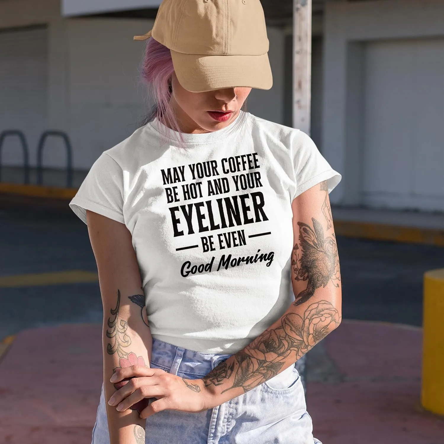 May Your Coffee Be Hot and Eyeliner Even, Makeup Graphic Tshirt & Decor - Heather Grey T-Shirt, 2XL