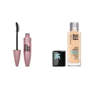 Maybelline Lash Sensational Washable Mascara, Lengthening and Volumizing & Fit Me Matte   Poreless Liquid Oil-Free Foundation Makeup, Classic Ivory, 1 Count