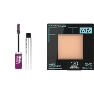Maybelline Mascara & Powder Makeup Bundle with Falsies Lash Lift Volumizing Mascara, 1 Count & Fit Me Pressed Powder, Buff Beige, 1 Count