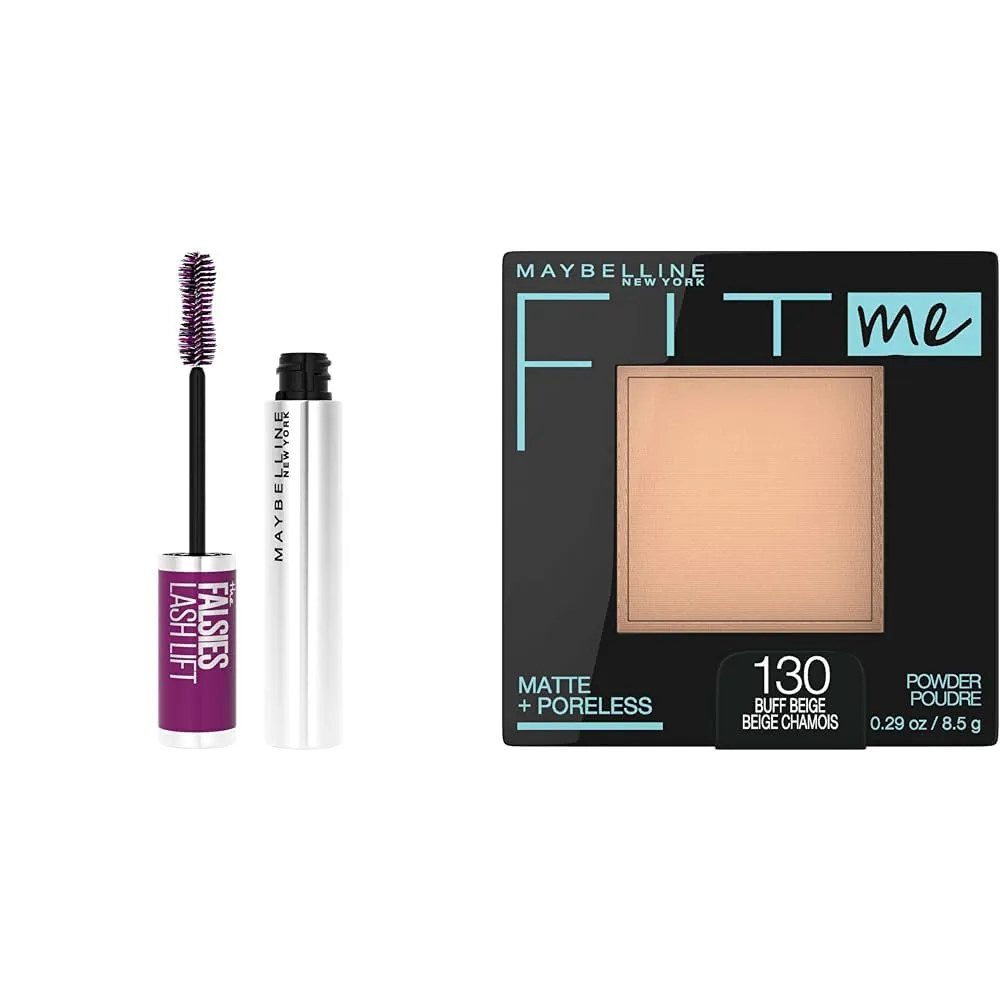 Maybelline Mascara & Powder Makeup Bundle with Falsies Lash Lift Volumizing Mascara, 1 Count & Fit Me Pressed Powder, Buff Beige, 1 Count