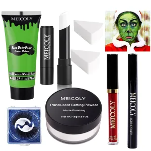 MEICOLY Green Face Paint Kit,Wicked Witch Makeup for Halloween Cosplay,Body Paint,Lime Green Face Paint White Face Paint Stick Black Eyeliner Red Liquid Lipsticks False Eyelash Setting Powder Sponge