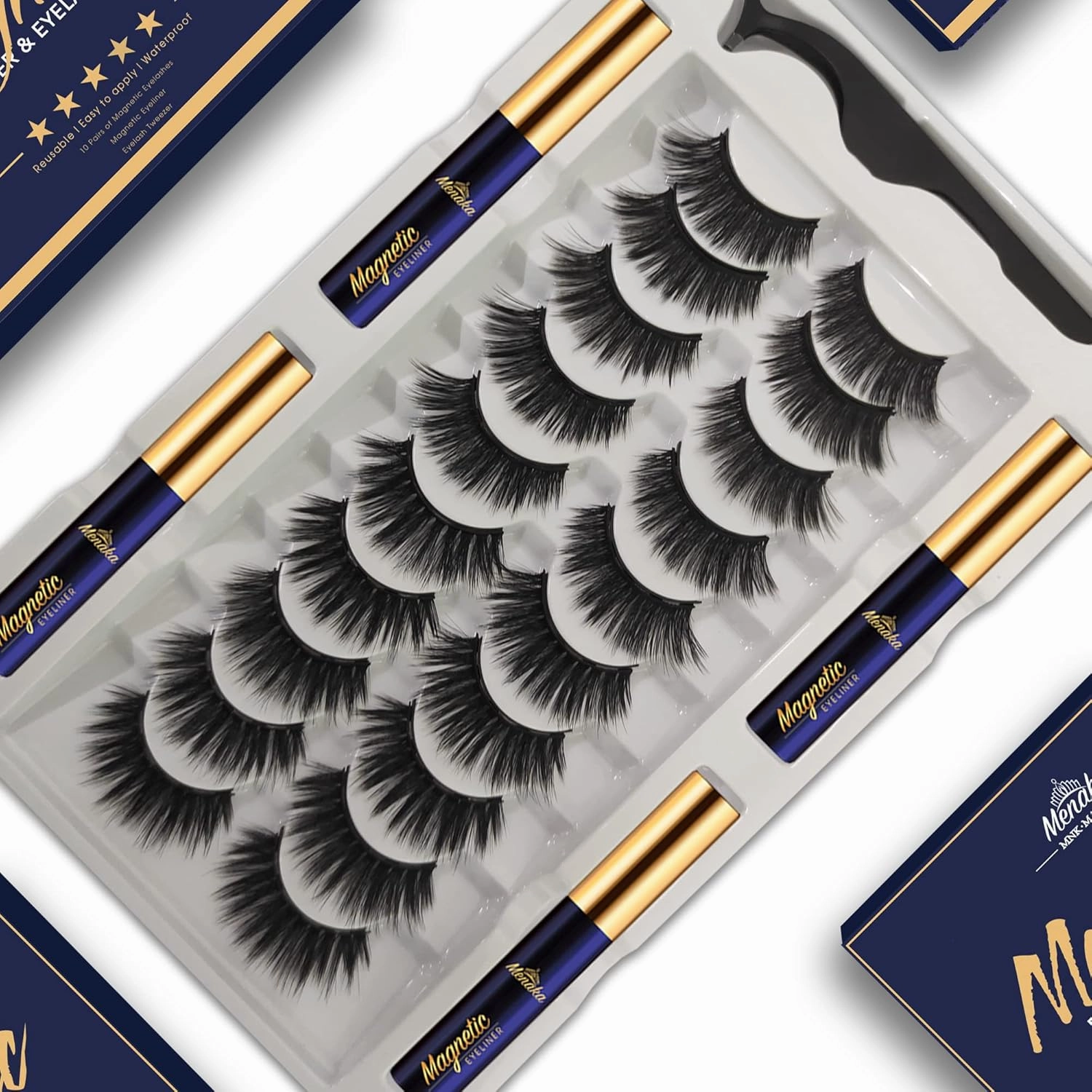 MENAKA 3D Magnetic Eyelashes With Eyeliner Kit - Magnetic Lashes Natural Looking,10 Pairs Magnetic Eyelash Kit - 4 Tube of Magnetic Eyeliner for Reusable, Easy to Apply