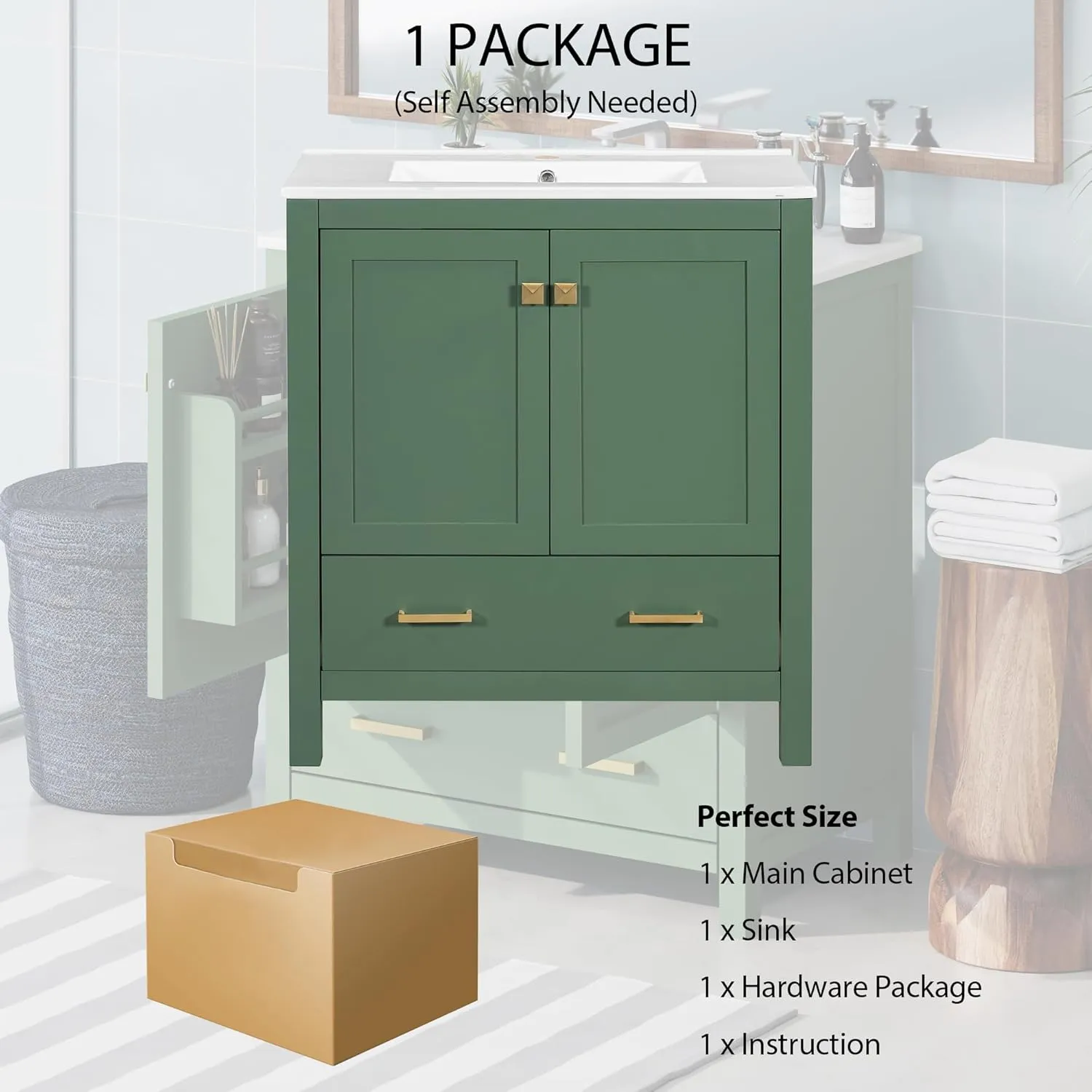Merax 30 Inch Green Bathroom Vanity with Single Sink, Combination Under Counter Sink, Bathroom Storage Cabinet with 2 Doors and a Drawer, Soft Closure, Multifunctional Storage, Solid Wood Frame，Green