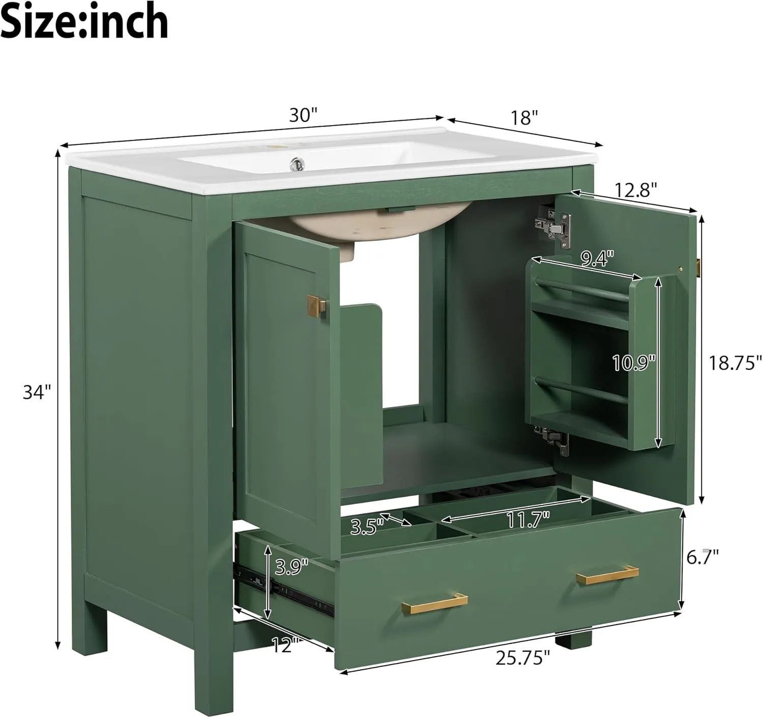 Merax 30 Inch Green Bathroom Vanity with Single Sink, Combination Under Counter Sink, Bathroom Storage Cabinet with 2 Doors and a Drawer, Soft Closure, Multifunctional Storage, Solid Wood Frame，Green