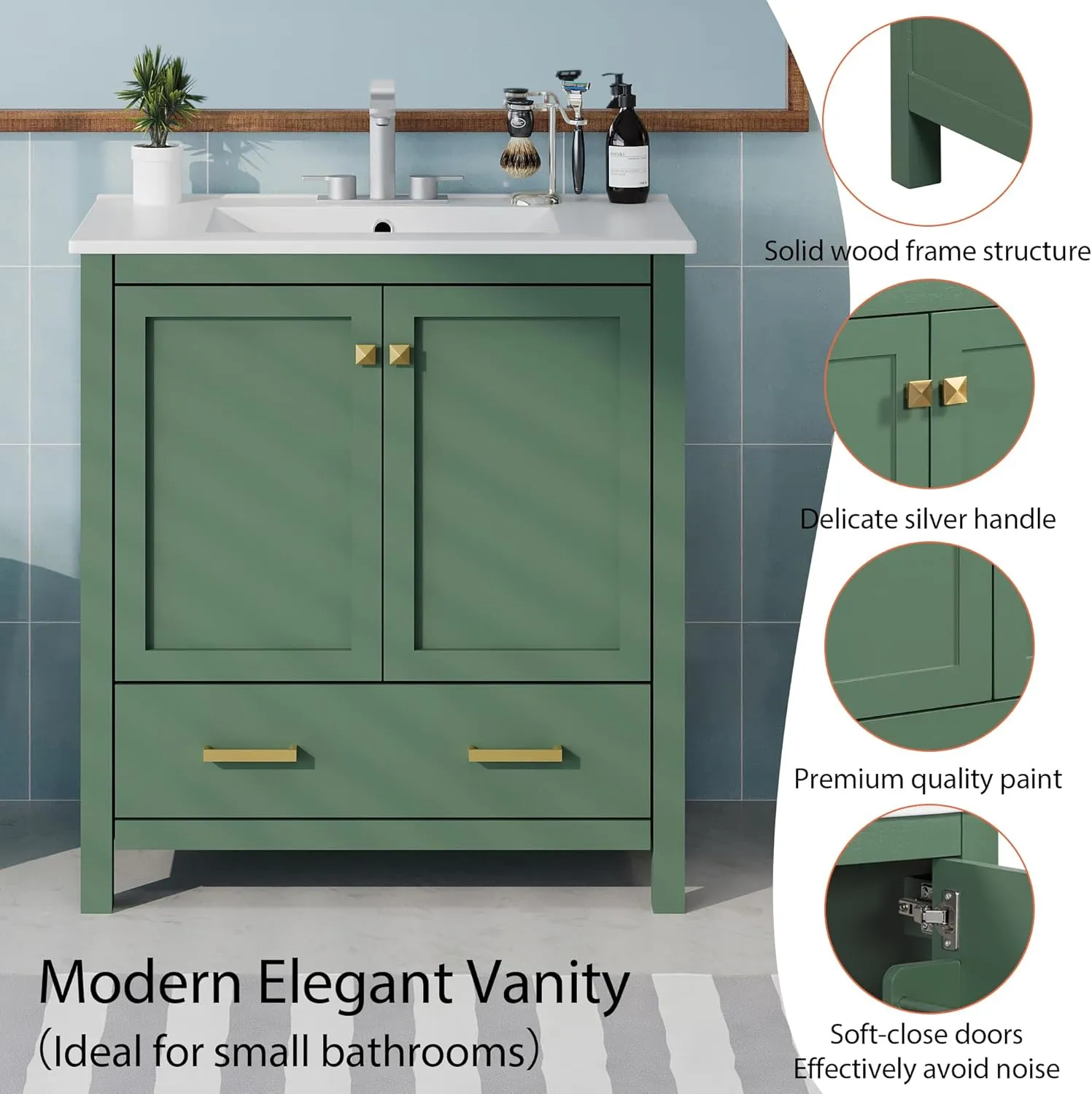 Merax 30 Inch Green Bathroom Vanity with Single Sink, Combination Under Counter Sink, Bathroom Storage Cabinet with 2 Doors and a Drawer, Soft Closure, Multifunctional Storage, Solid Wood Frame，Green