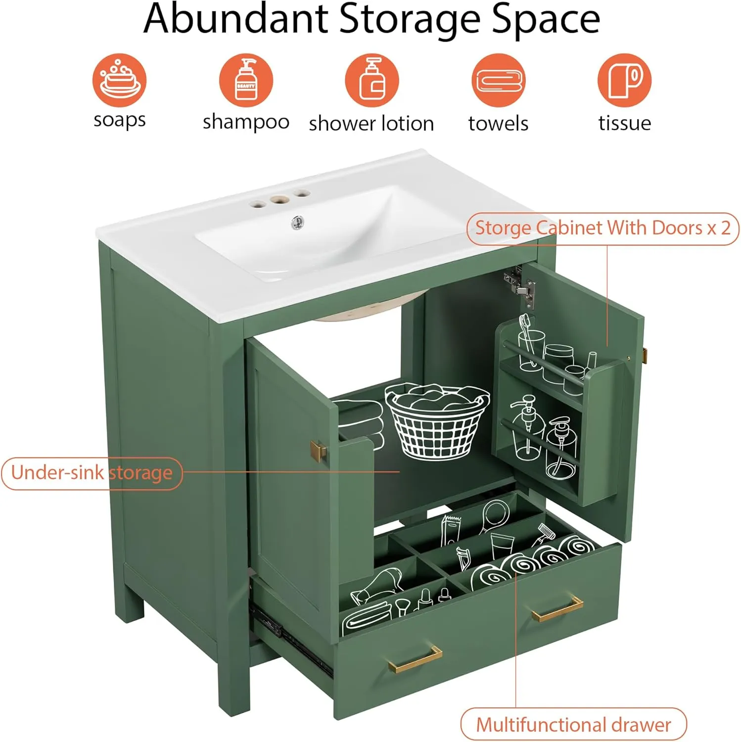 Merax 30 Inch Green Bathroom Vanity with Single Sink, Combination Under Counter Sink, Bathroom Storage Cabinet with 2 Doors and a Drawer, Soft Closure, Multifunctional Storage, Solid Wood Frame，Green