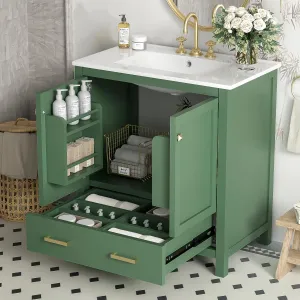 Merax 30 Inch Green Bathroom Vanity with Single Sink, Combination Under Counter Sink, Bathroom Storage Cabinet with 2 Doors and a Drawer, Soft Closure, Multifunctional Storage, Solid Wood Frame，Green