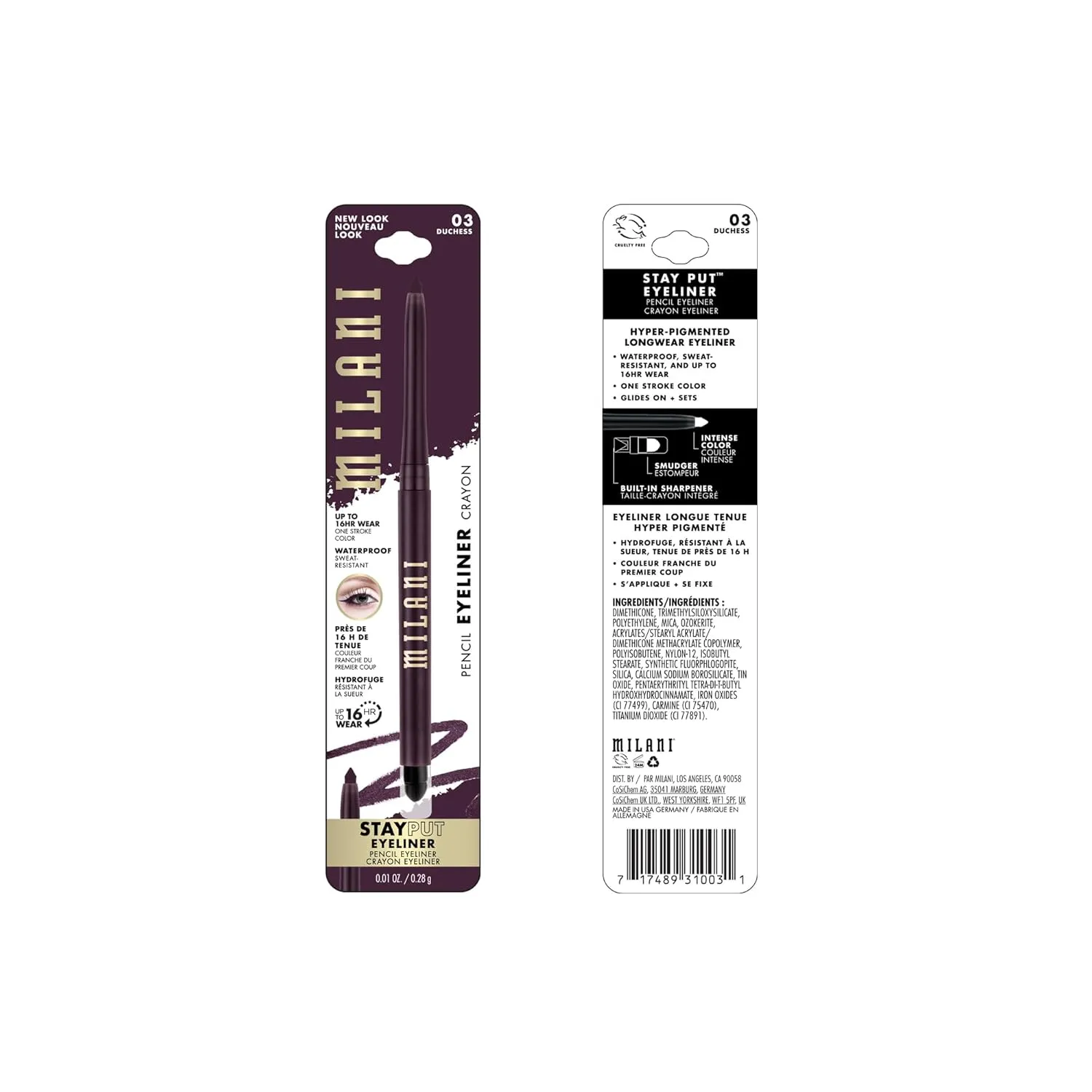 Milani Stay Put Eyeliner - Duchess (0.01 Ounce) Cruelty-Free Self-Sharpening Eye Pencil with Built-In Smudger - Line & Define Eyes with High Pigment Shades for Long-Lasting Wear