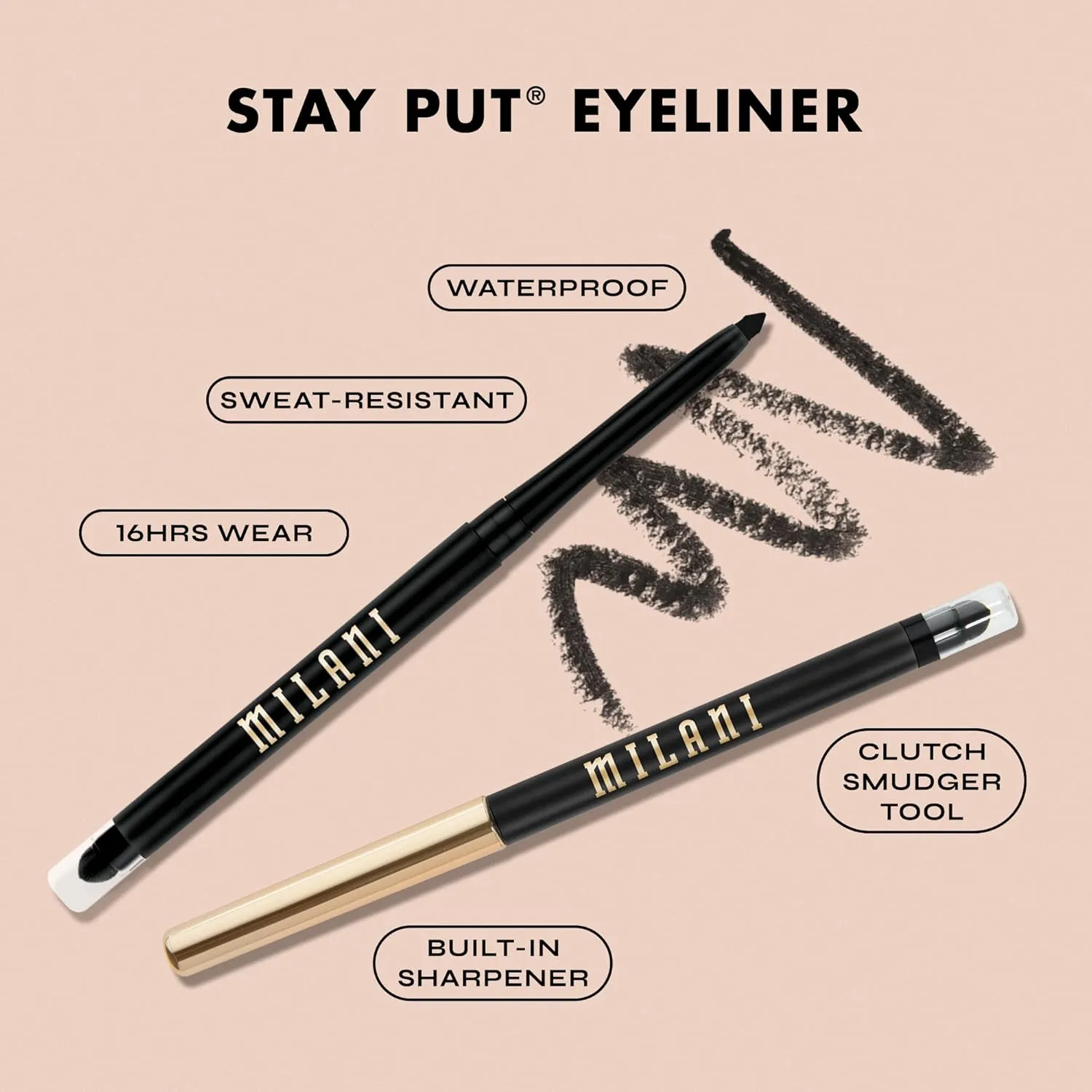 Milani Stay Put Eyeliner - Duchess (0.01 Ounce) Cruelty-Free Self-Sharpening Eye Pencil with Built-In Smudger - Line & Define Eyes with High Pigment Shades for Long-Lasting Wear