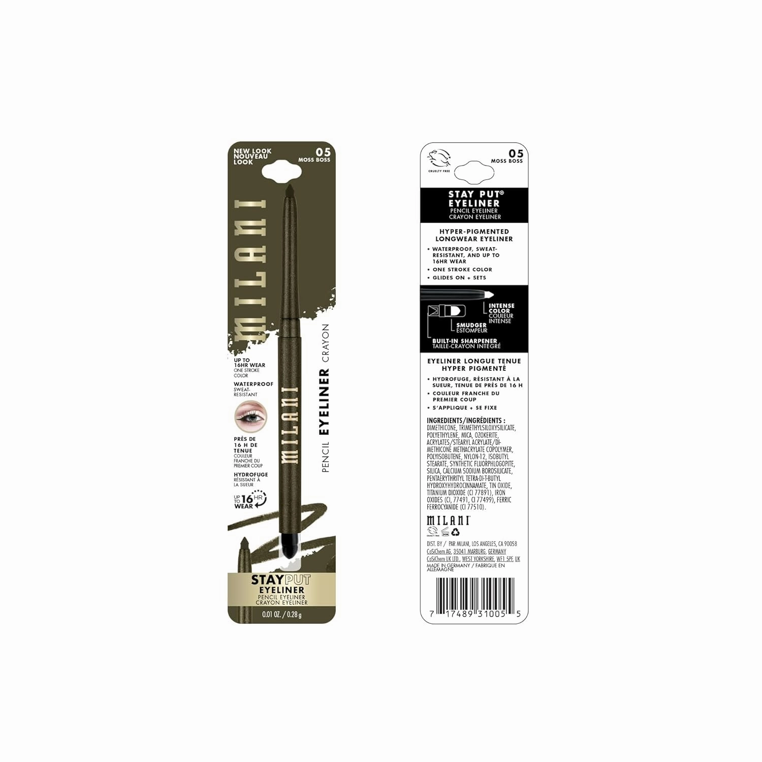 Milani Stay Put Eyeliner - Moss Boss (0.01 Ounce) Cruelty-Free Self-Sharpening Eye Pencil with Built-In Smudger - Line & Define Eyes with High Pigment Shades for Long-Lasting Wear