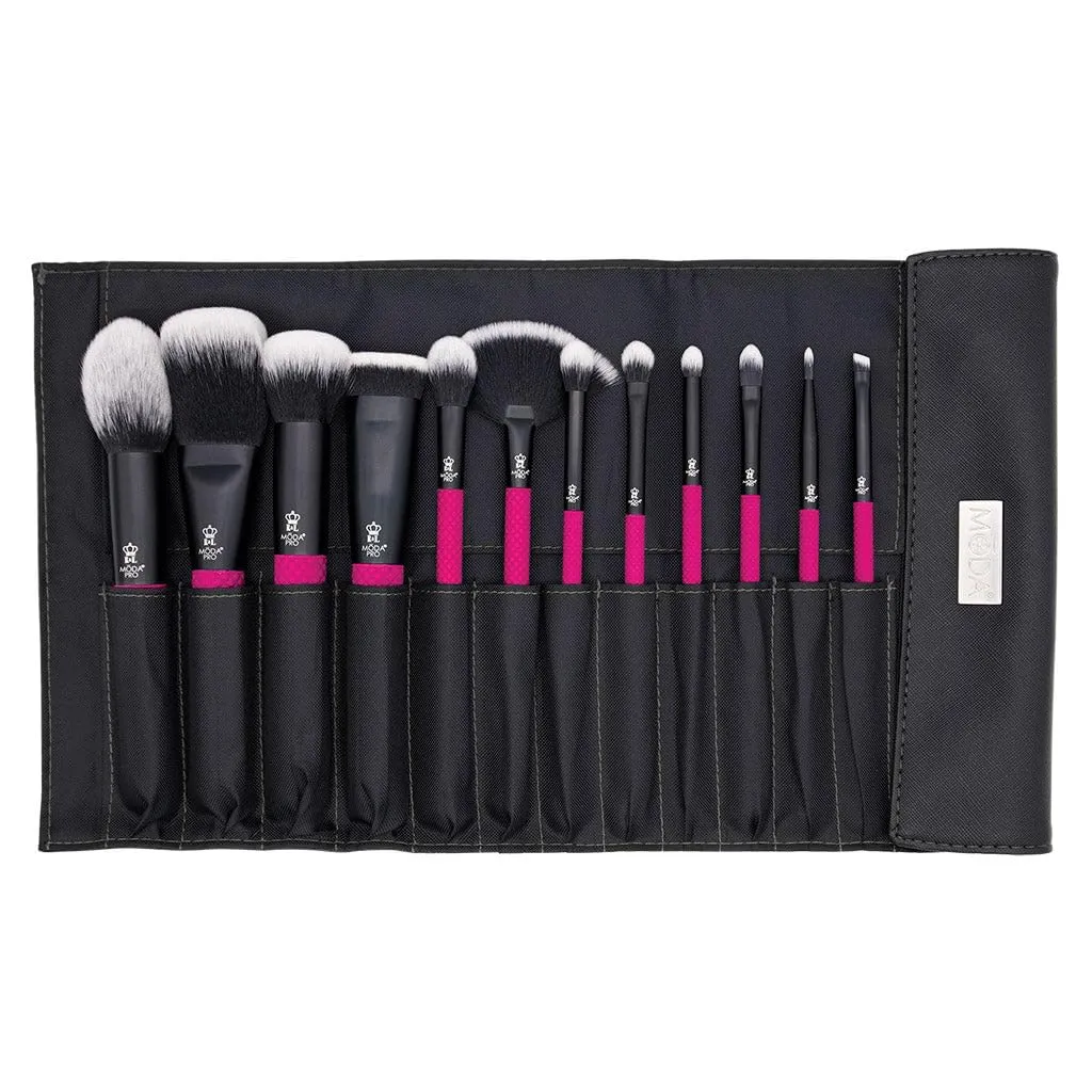 MODA Pro Full Face 13-Piece Pin Makeup Brush Kit – Professional Face & Eye Brush Set with Travel Wrap