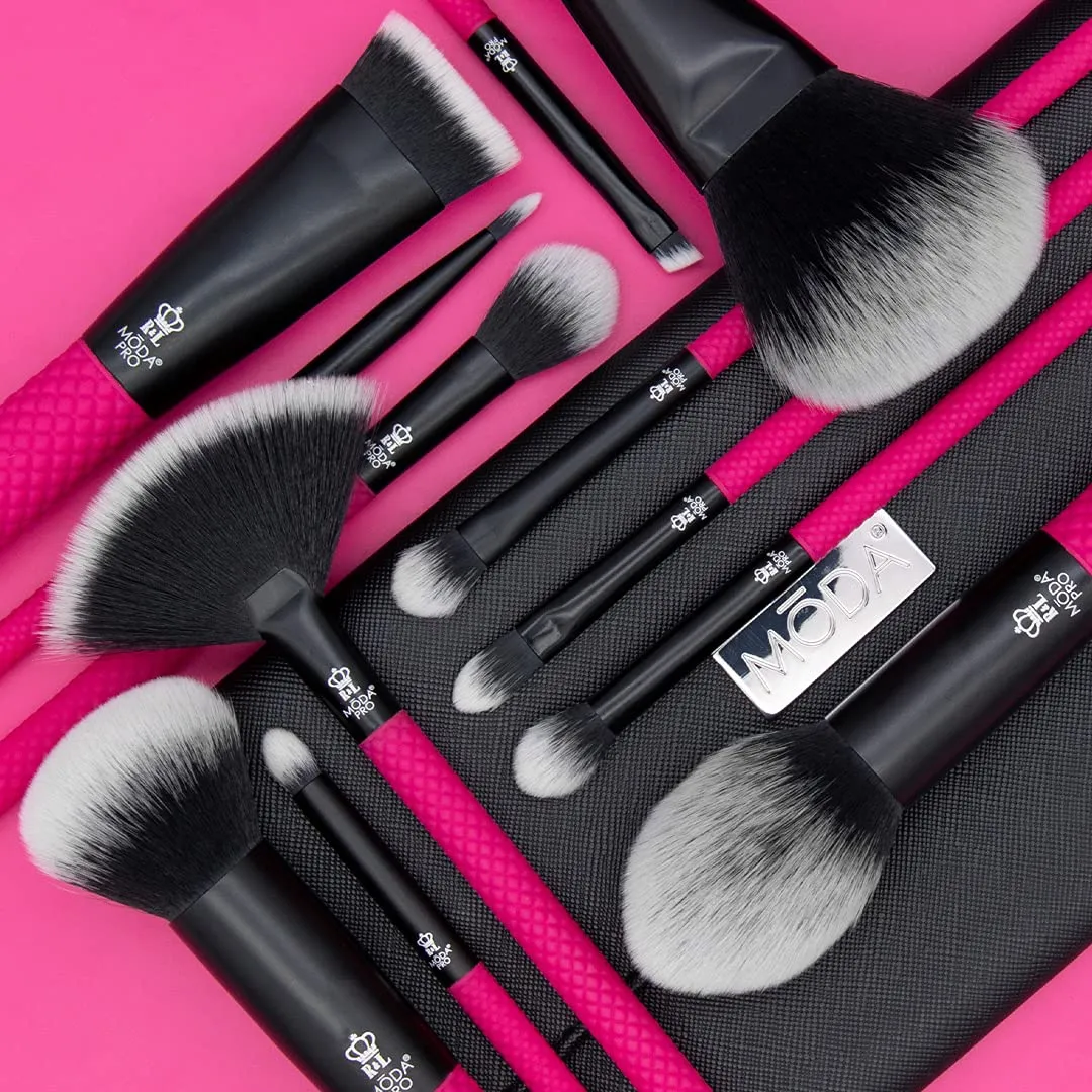 MODA Pro Full Face 13-Piece Pin Makeup Brush Kit – Professional Face & Eye Brush Set with Travel Wrap
