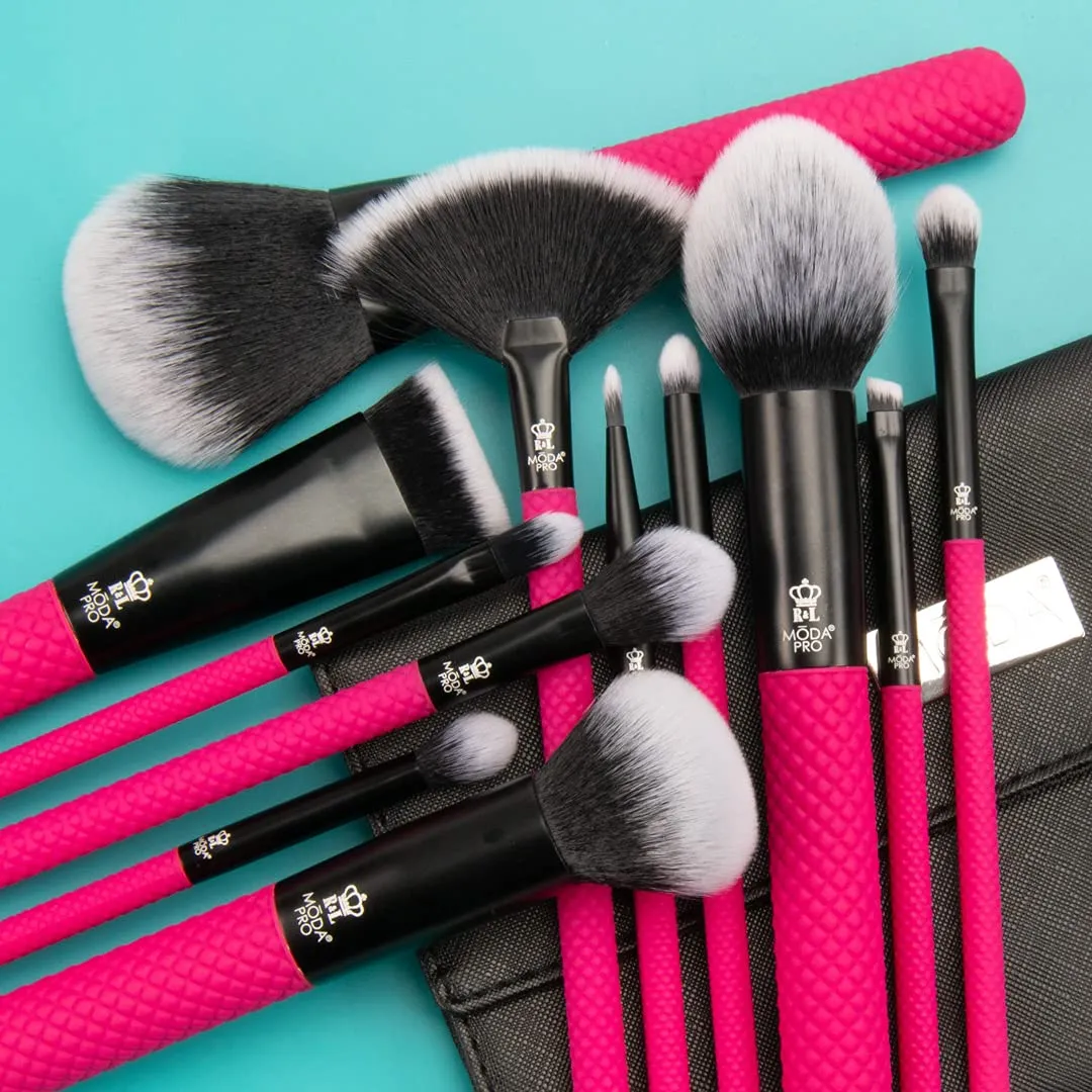 MODA Pro Full Face 13-Piece Pin Makeup Brush Kit – Professional Face & Eye Brush Set with Travel Wrap