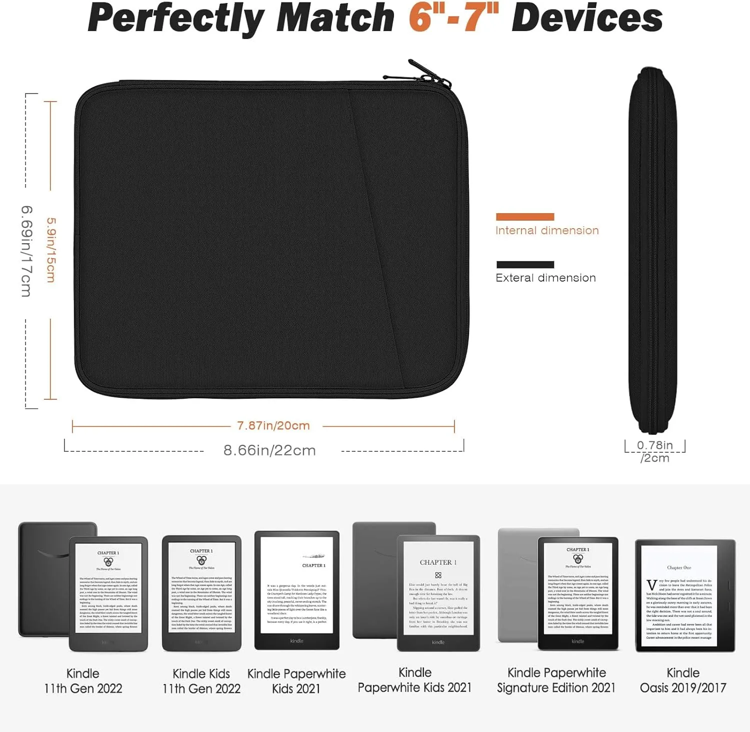 MoKo 6-7" Kindle Sleeve Bag for 7" Kindle Colorsoft Signature Edition, All-New 6" Kindle 11th Gen 2022/10th Gen 2019/8th Gen 2016, 6.8" Kindle Paperwhite 11th/10th Gen 2021/2018, Black