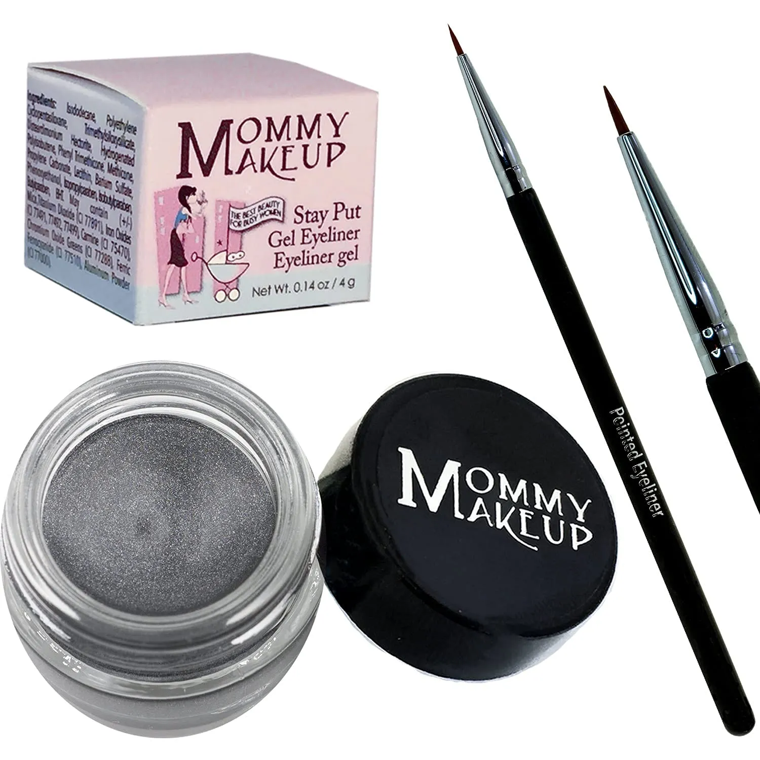 Mommy Makeup [Bundle - Save 20%] Waterproof Stay Put Gel Eyeliner in Steel Magnolia   Pointed Eyeliner Brush