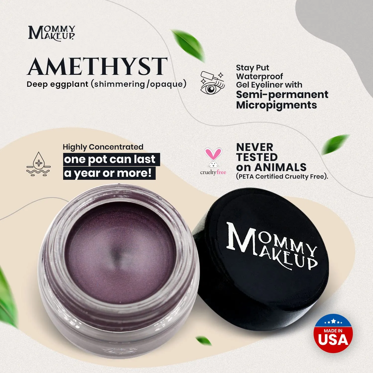 Mommy Makeup Waterproof Stay Put Gel Eyeliner Pot with Semi Permanent Micropigments - Long Lasting, Highly Pigmented Eye Liner, 0.14 oz (Amethyst)
