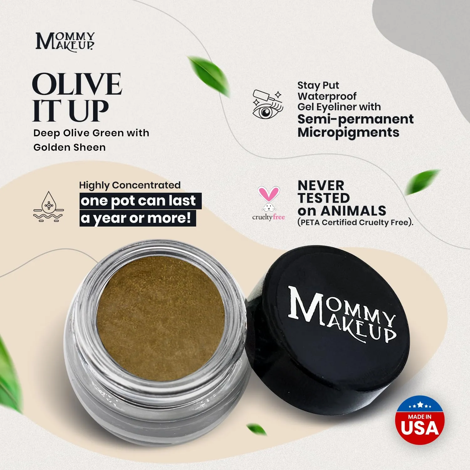 Mommy Makeup Waterproof Stay Put Gel Eyeliner Pot with Semi Permanent Micropigments - Long Lasting, Highly Pigmented Eye Liner, 0.14 oz (Olive It Up)