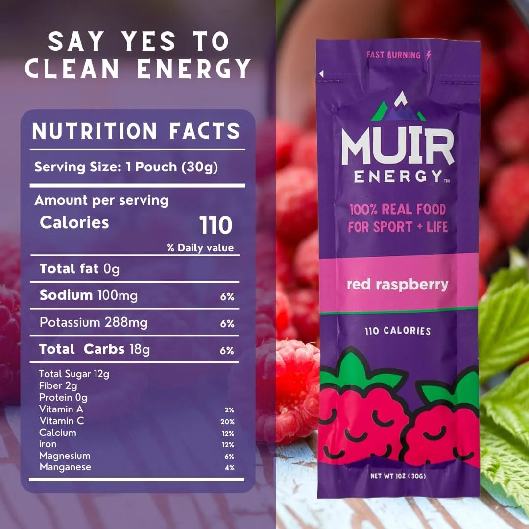 MUIR Red Raspberry Energy Gel for Runners - 10 Pack | Organic Real Food Endurance Gel | Fast-Burning, Vegan, Paleo, Non-GMO, Gluten-Free | Clean Energy for Running, Cycling, and Marathon Training