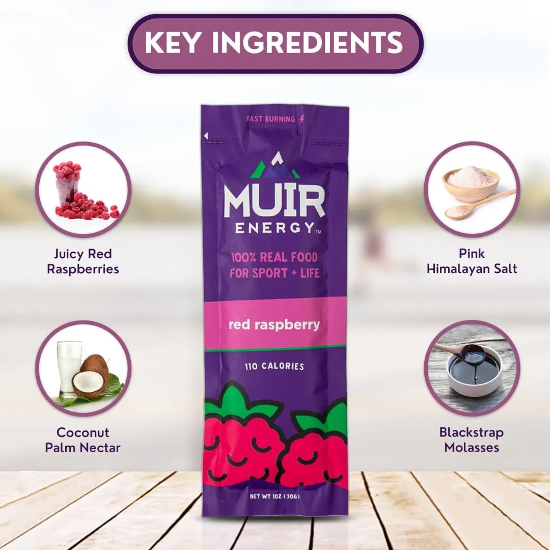 MUIR Red Raspberry Energy Gel for Runners - 10 Pack | Organic Real Food Endurance Gel | Fast-Burning, Vegan, Paleo, Non-GMO, Gluten-Free | Clean Energy for Running, Cycling, and Marathon Training