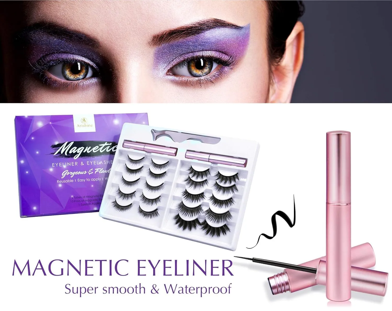 Natural Look Magnetic Eyelashes with Applicator: 10 Pairs Reusable Lashes for Beginners, Cruelty-Free, Waterproof Magnetic Eyeliner, Easy to Apply, No Glue Needed, Lightweight & Comfortable (10 Pairs)