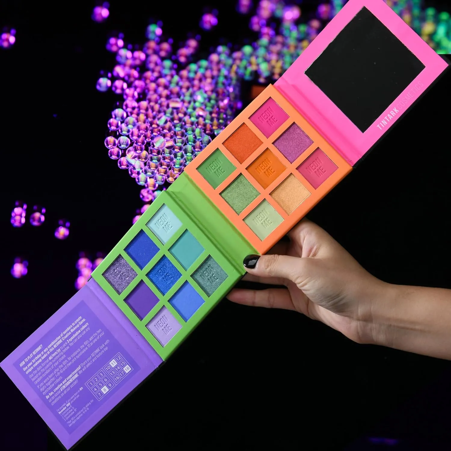Neonme Eyeshadow Palette, 18 Fluorescent Color Glowing Eyeshadows, Rainbow Purple Blue Green Yellow Pink Eye Shadow Palettes for fun party Popular Eye Makeup, Glitter Matte Shimmer